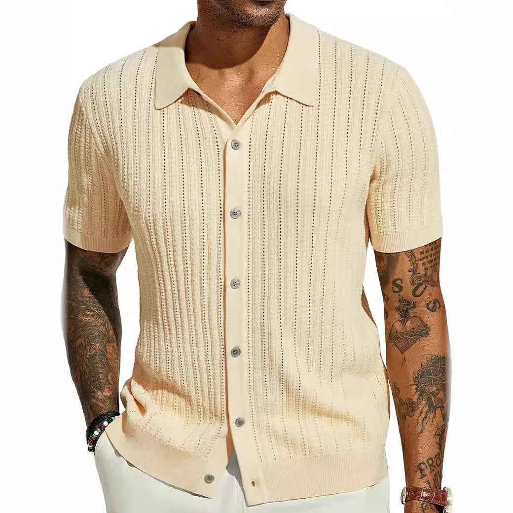 Men's Casual Tops in Summer Cool Knitted Men's Shirt Short-sleeved Lapel Solid Color Hollow Breathable Men's Clothing