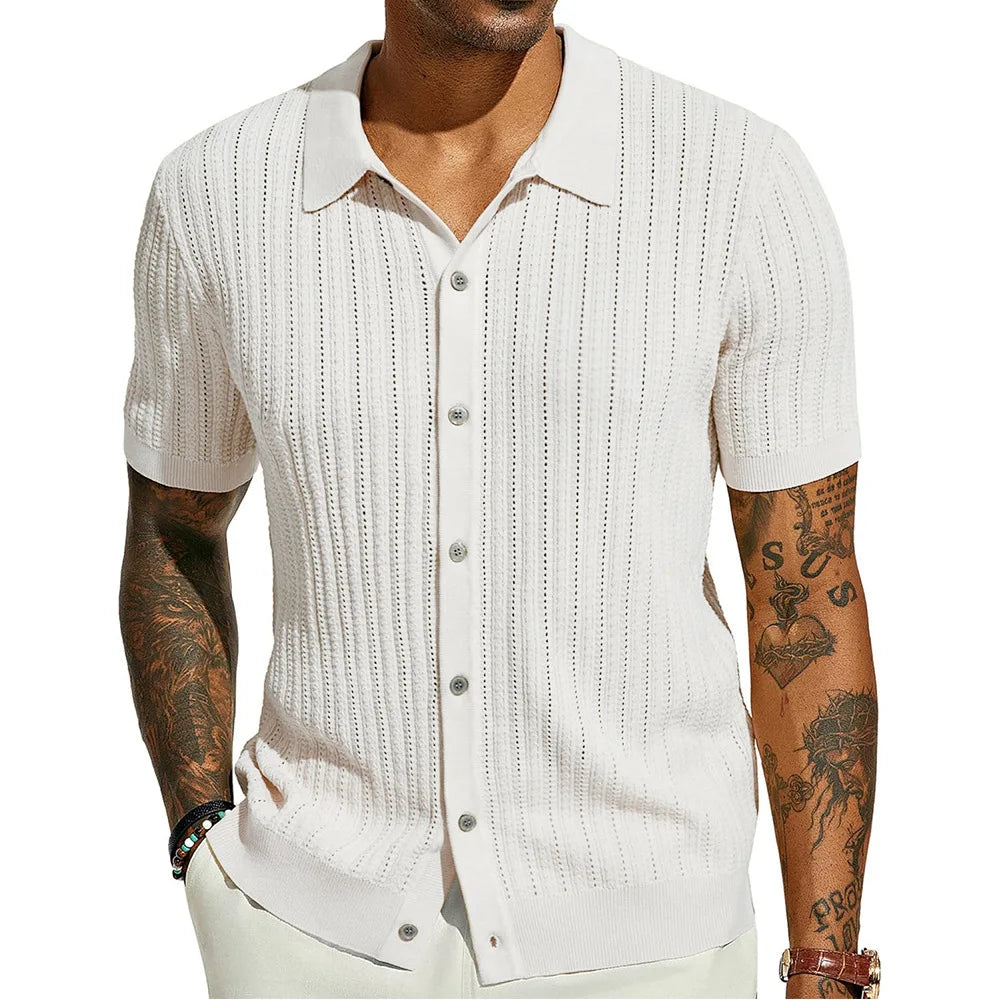 Men's Casual Tops in Summer Cool Knitted Men's Shirt Short-sleeved Lapel Solid Color Hollow Breathable Men's Clothing